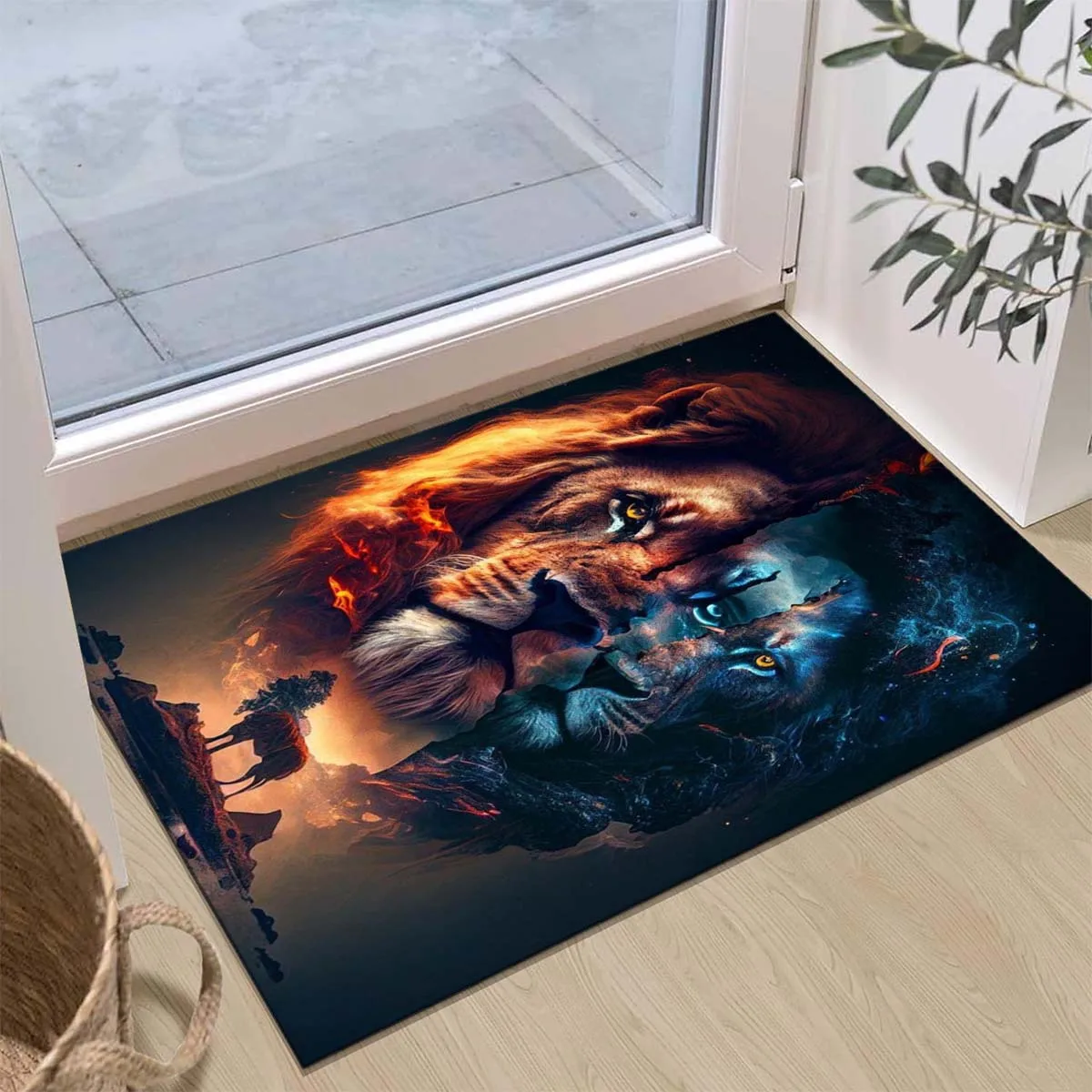 

1pc Lion and wolf print pattern carpet, crystal velvet fabric, suitable for bedroom living room decoration