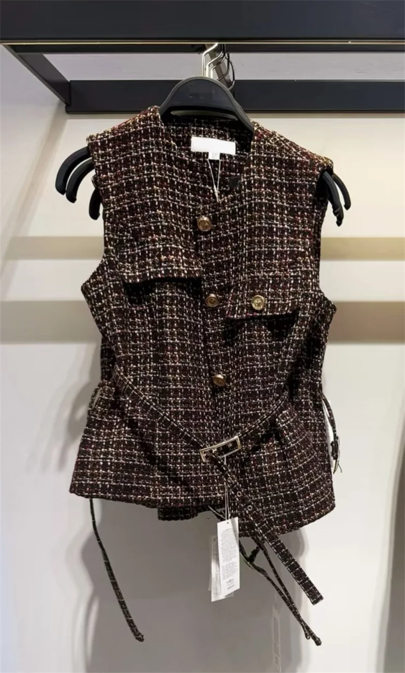 سترة نسائية جديدة برقبة دائرية، بدون أكمام بأزرار مع حزام، سترة خريفية غير رسمية