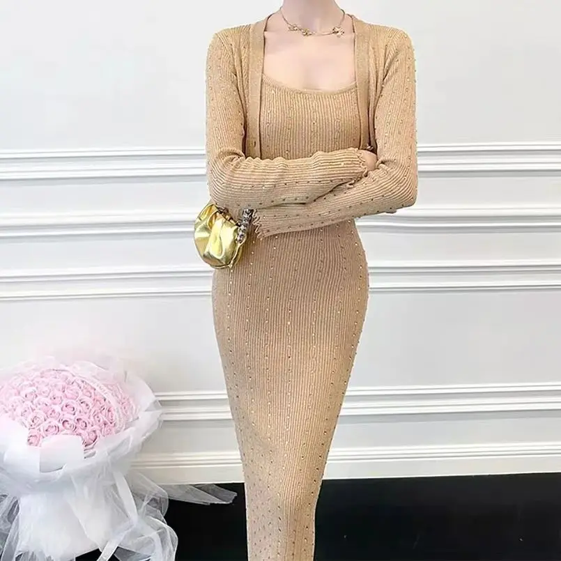 

Spring And Autumn New Fashionable Temperament Commuting Knitted Socialite Hot Diamond Women's Woolen Sleeveless Strap Dress