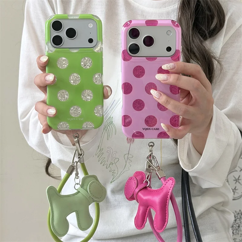 

Minimalist Polka Dot Phone Case with Dog Charm for iPhone 15 16 17 Pro Max Shockproof Protective Cover Polka Dot Case funda ipho