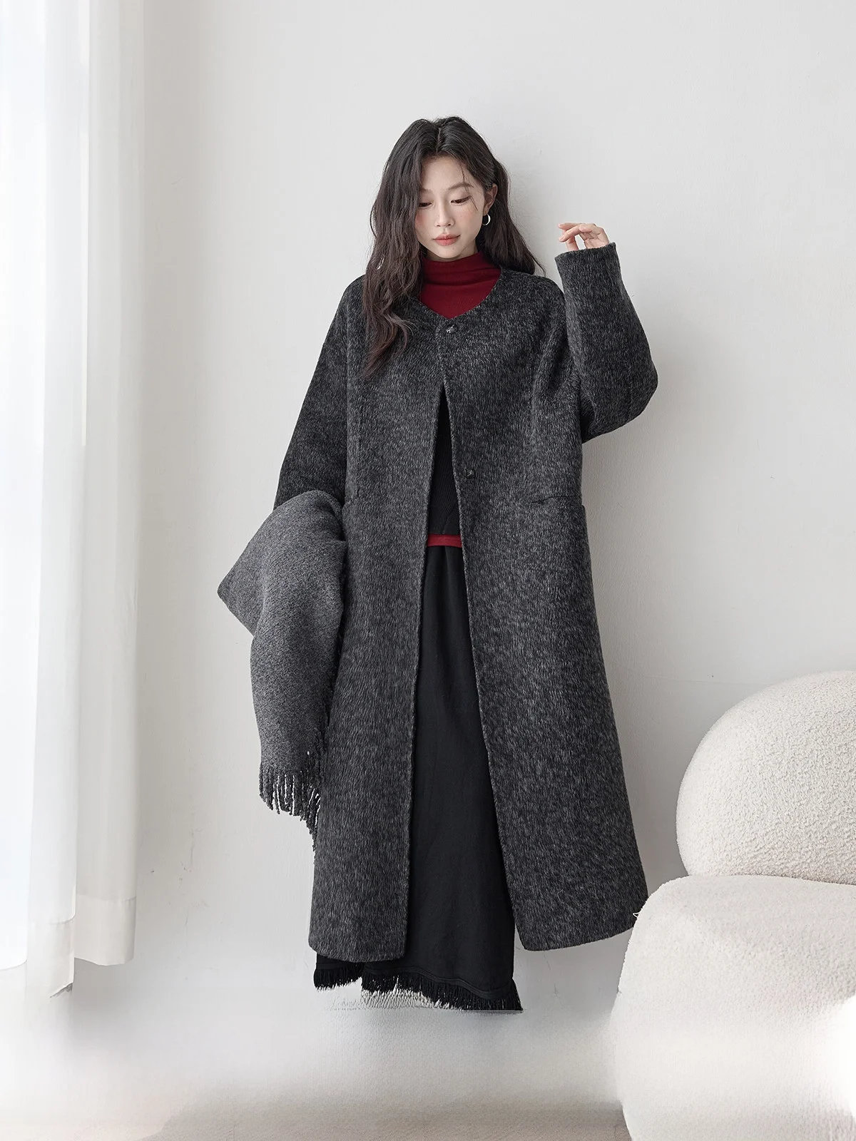 HuiXi Double-Sided Woolen Coat Deep Grey Long Female Style Winter New High-End Feeling Versatile Outerwear Korean Version rou...