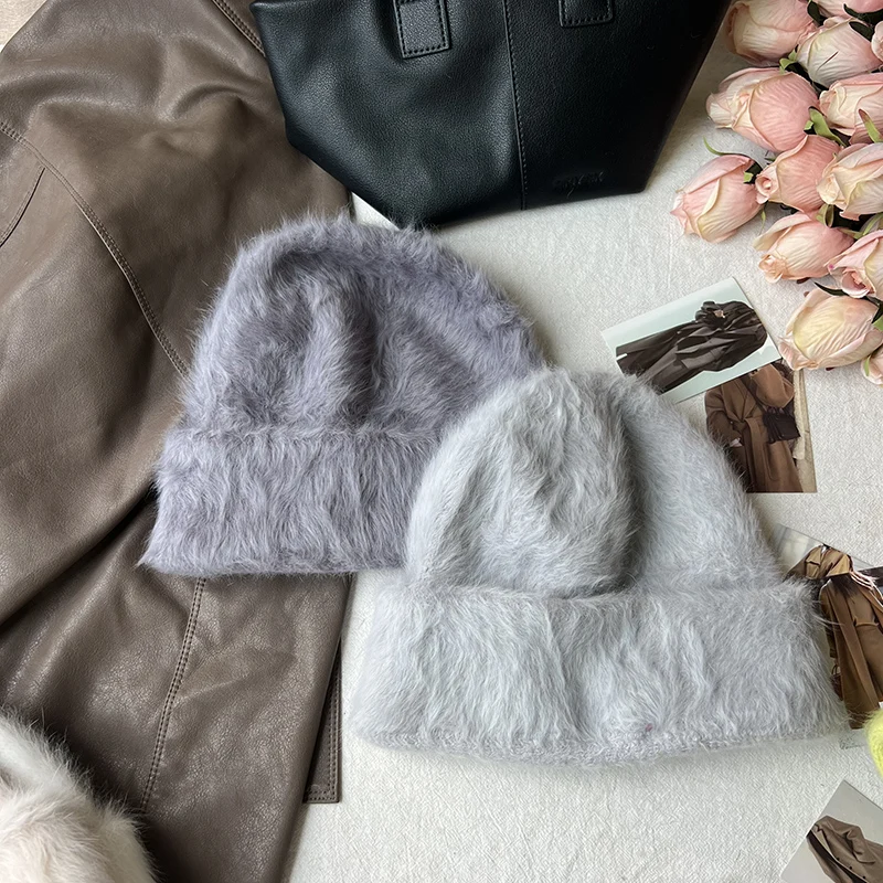 2023 neue Mode Kaninchen Fell Y2k Mützen für Frauen Weiche Warme Flauschigen Angola Winter Hut Weibliche Winddicht Motorhaube Hut Skullies Kappe – Detail 27