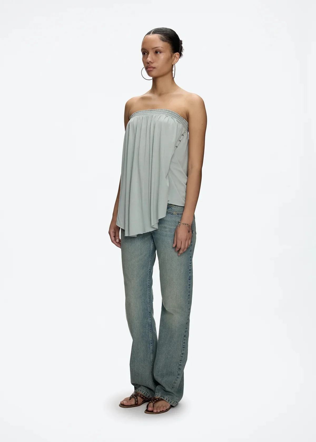 

Синий сложенный топ-бюстье с поясом, драпированный топ, многосторонняя одежда, оригинальный дизайн, свободный крой, цельный, лето 2025, чистый цвет