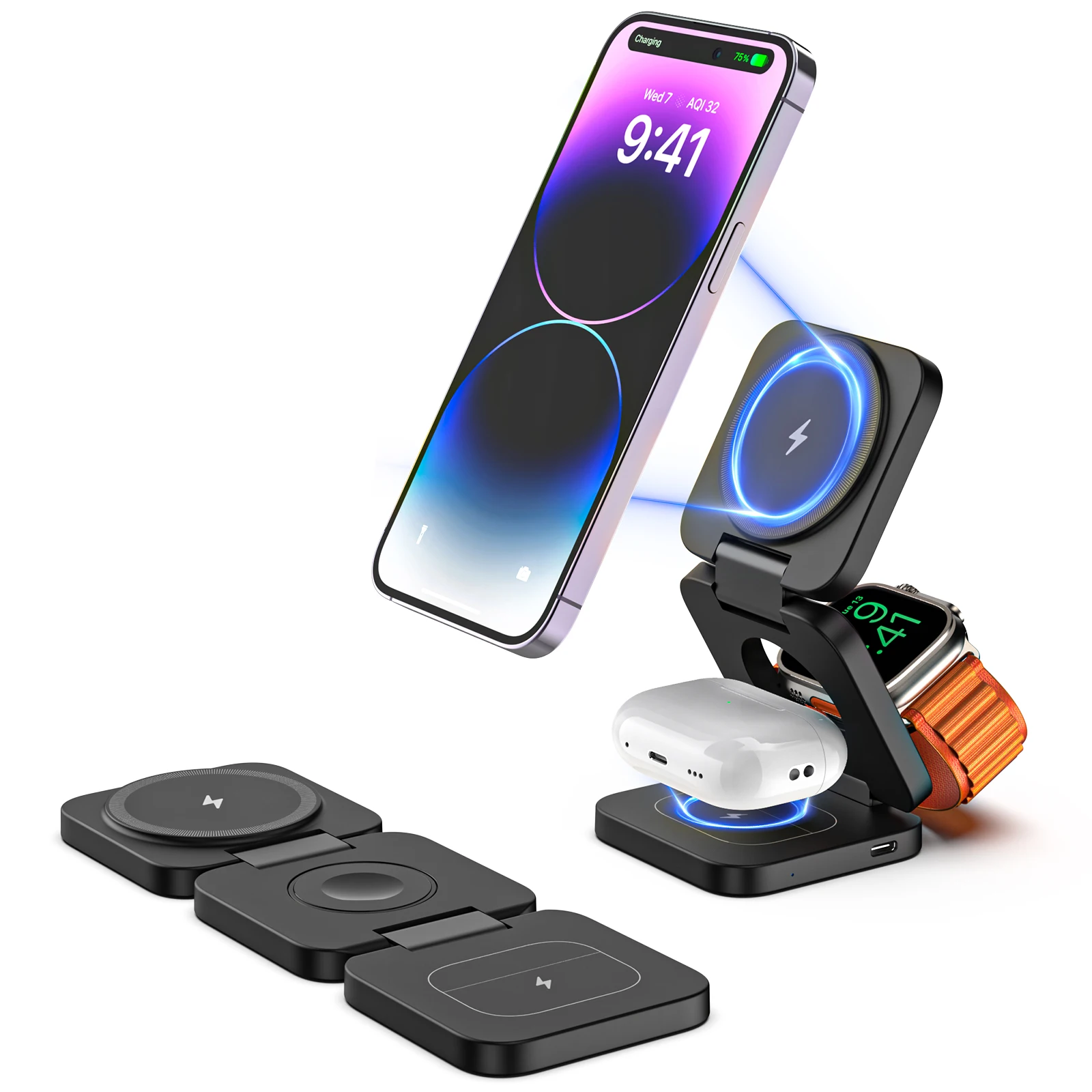 Foldable 3 in 1 Magnetic Wireless Hold Charging Station for iPhone16/15/14/13Pro/Max,for Apple Watch，AirPods,Fast Charger Holder