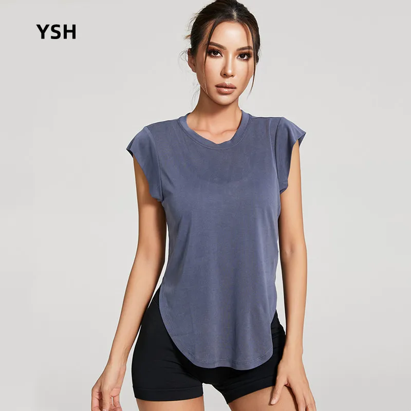 

YUSHUHUA Summer Side Split Yoga Tops SIrregular Loose Sport Tops Women Breathable Short Sleeve Fitness Shirt Gym Running T Shirt