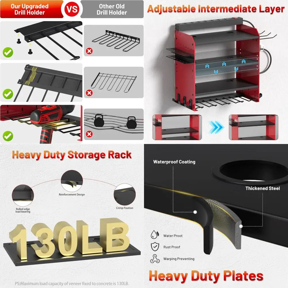

3-х уровневый настенный органайзер для электроинструментов с зарядной док-станцией, гаражным хранилищем для аккумуляторных дрелей, батарей и аксессуаров