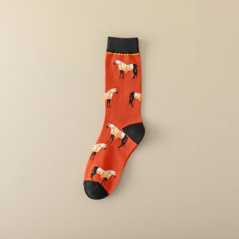 1/5 Pairs Frauen Pferd Druck Retro Mitte Rohr Baumwolle Socken Mode Street Style Schweiß Absorbieren Atmungsaktive Sport Freizeit Socken – Detail 12