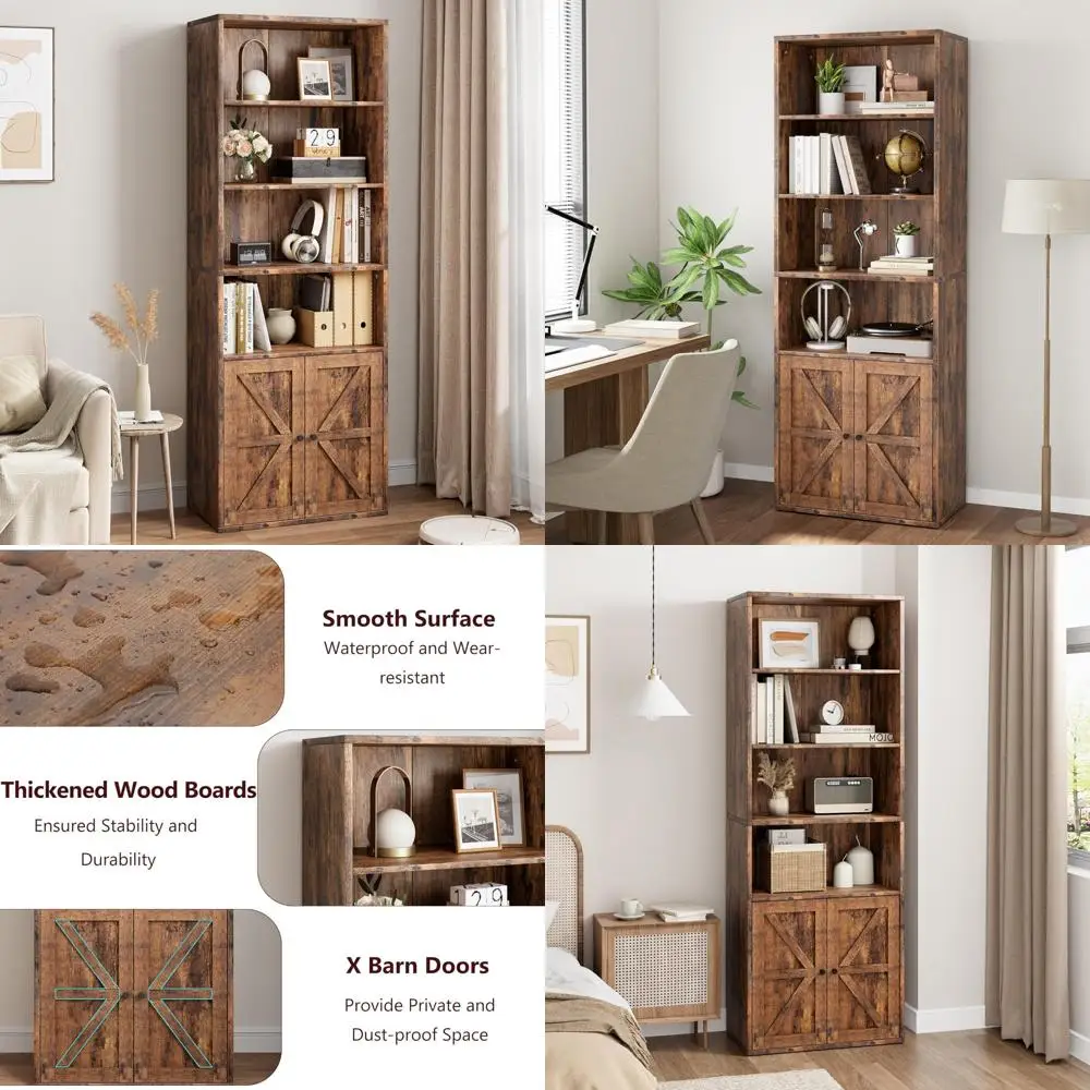 Industrial Style Farmhouse Wooden Bookcase with Doors, 11.8 inches Deep and 71.4 inches Tall Display Storage Shelves