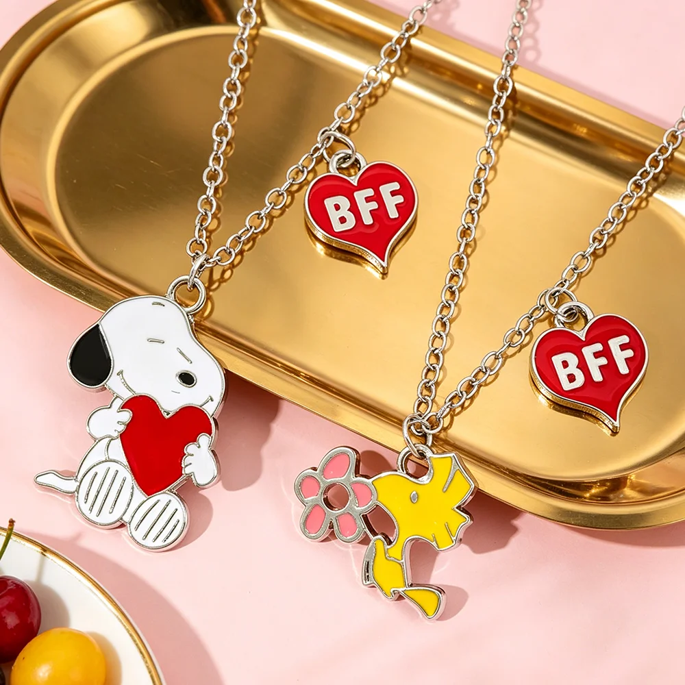 Cartoon Dog & Bird BFF Matching Necklaces Set, Best Friend Red Heart Enamel Pendant Necklace, Friendship Jewelry Gifts