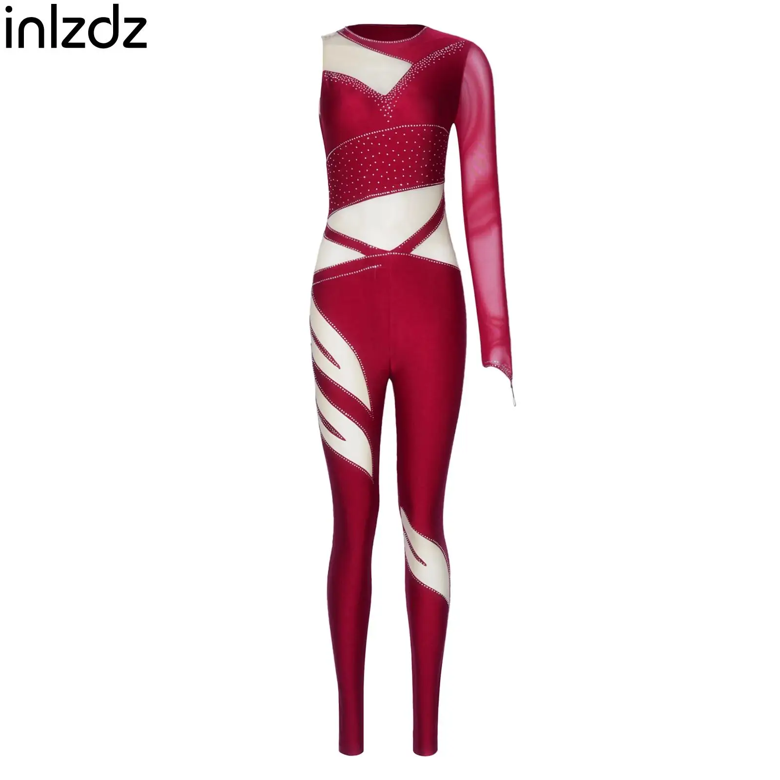 

Womens Gymnastics Ballet Dance Jumpsuit Breathable Mesh Rhinestone Asymmetrical Shoulders Patchwork Leggings Skating Unitard