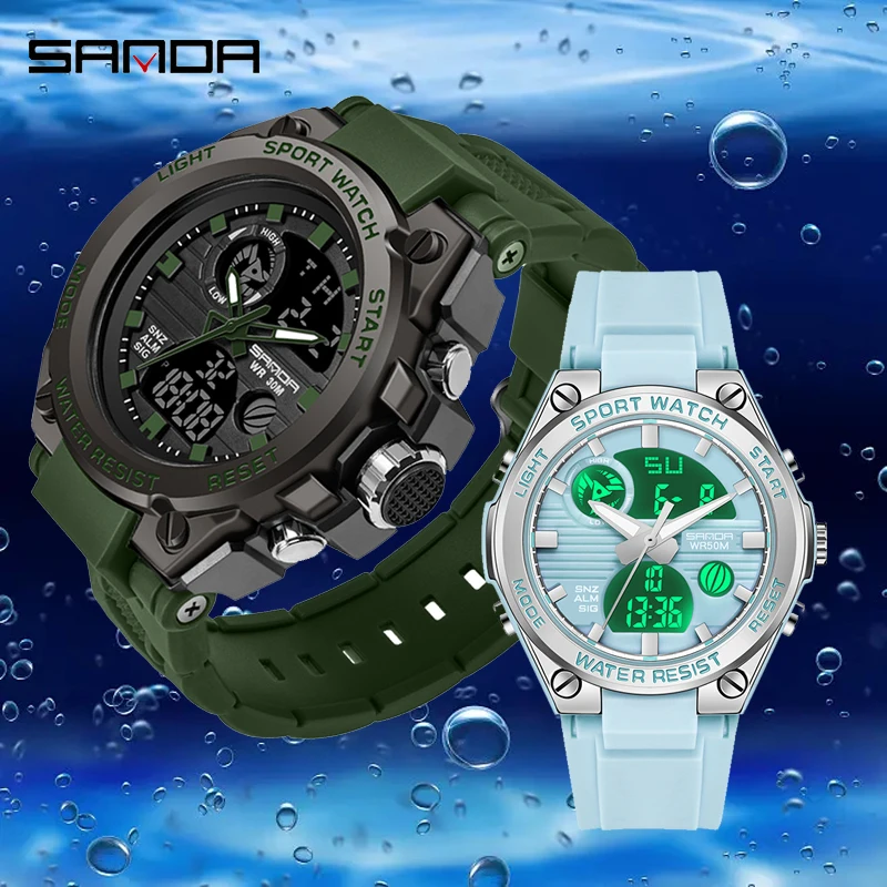 

SANDA 739 6067 New Fashion Multifunctional Digital Couple Watches Dual Display LED Luminous Waterproof Wristwatches Reloj Hombre