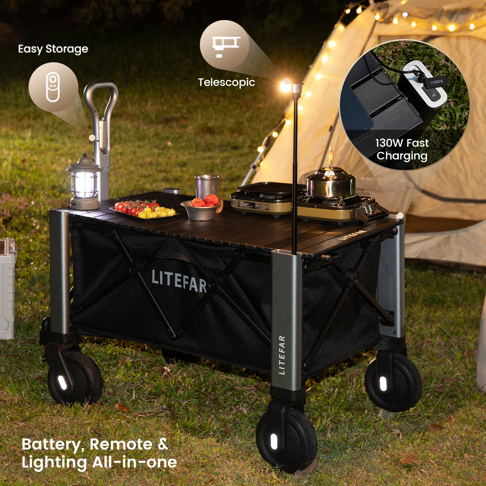 Электрическая складная тележка с дистанционным управлением LITEFAR, складная тележка 140 л/200 фунтов, аккумулятор 24 000 мАч, для кемпинга, сада, приключений