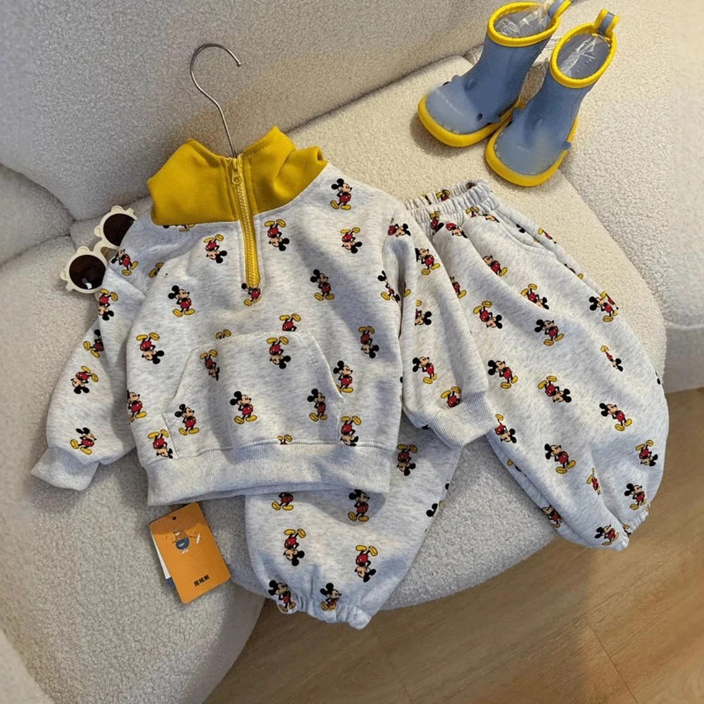

Детская толстовка с капюшоном, осенний новый пуловер с капюшоном на молнии для девочек и мальчиков, свободные брюки с принтом Микки, комплект из 2 предметов