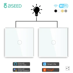 BSEED Tuya Wifi  Switches 1Gang 2 Way Smart Touch Switches Tuya Google Smart Life Alexa App Wireless Control Glass Panel2Pack