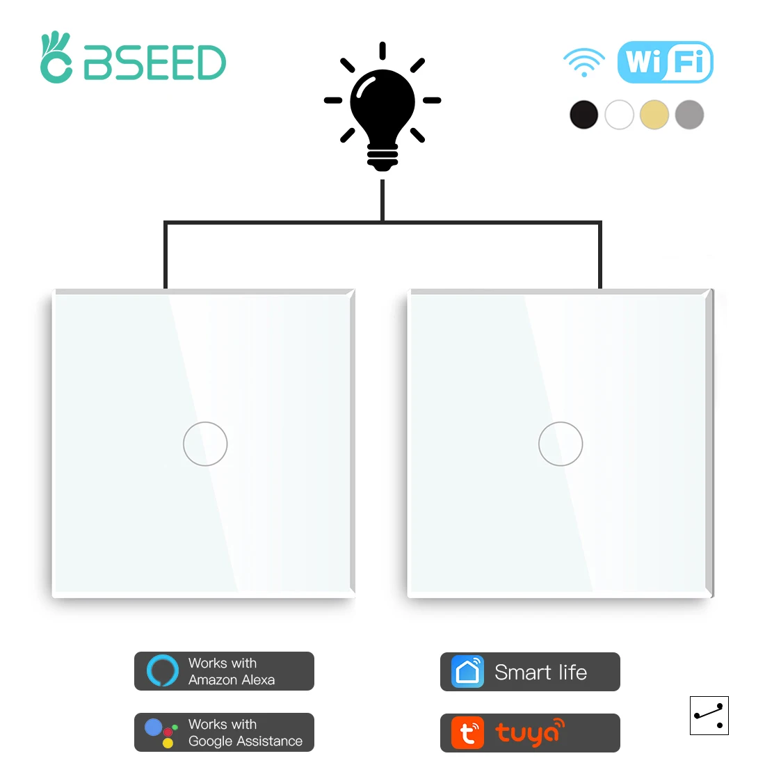 BSEED Tuya Wifi Switches 1/2/3Gang 2Way Smart Touch Switches Tuya Google Smart Life Alexa App Wireless Control Glass Panel 2Pack