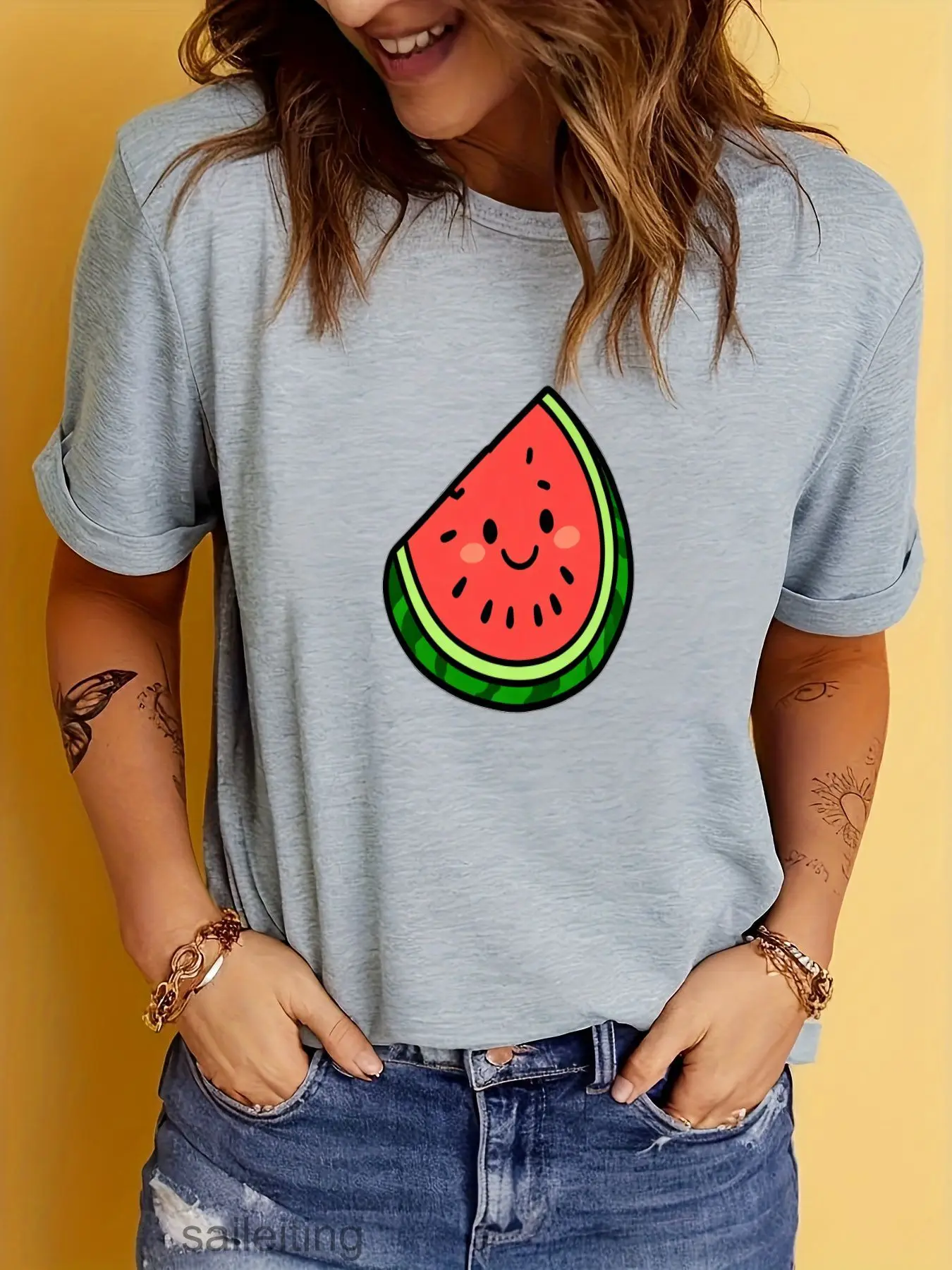 Cute Cartoon Watermelon Smile Face Print T-Shirt for Women Men, White Short Sleeve Summer Casual Top, Ripped Jeans Style, Fun