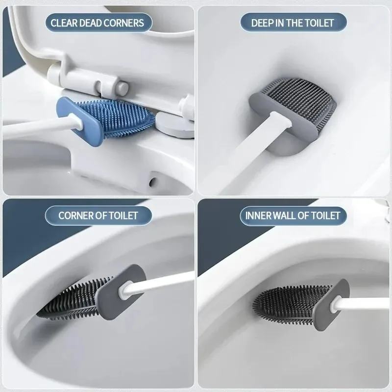 Toilet Cleaning Closestool Brush and Wall Hanging Brush Holder Long Handled Silicone Water Proof Quick Drying Soft Bristles