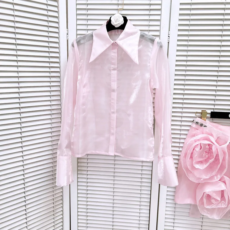 [ZOCI] New High Perspective Long Sleeved Collar Shirt Three Dimensional Flower Diamond Strip Half Body Short Skirt Set