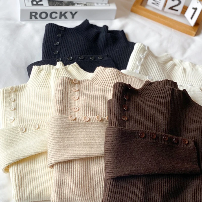 

Модные базовые вязаные топы на пуговицах, женский свитер с воротником и длинным рукавом, повседневные тонкие пуловеры, корейская модная простая шикарная одежда