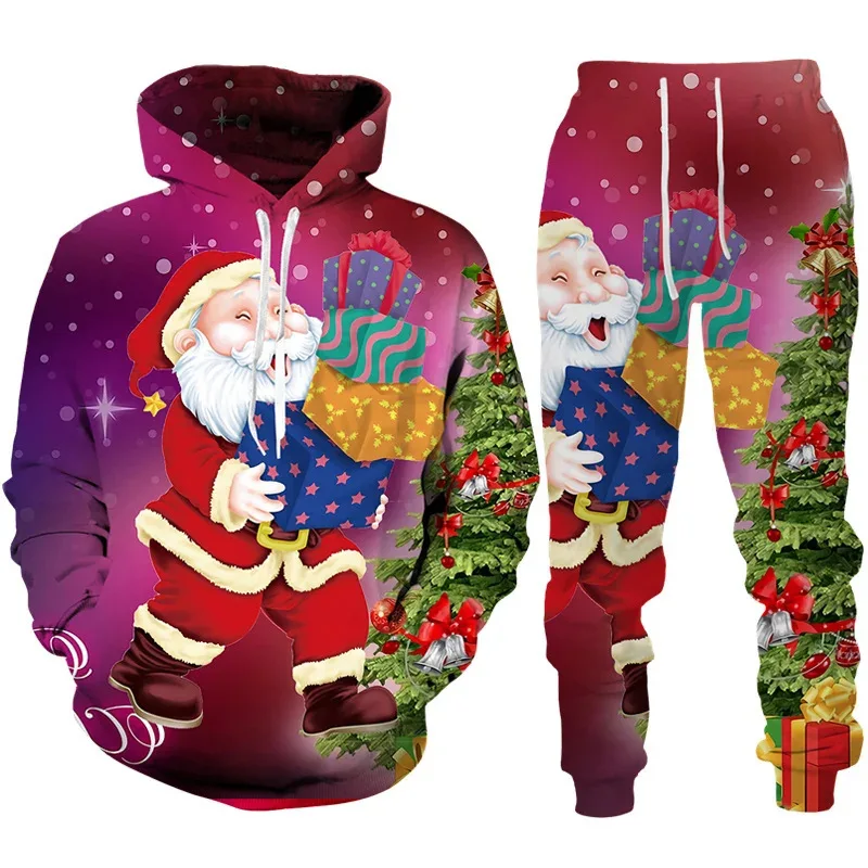 Men's Hoodie Sets Christmas Santa Claus Pattern Print 3D Hooded Sweatshirt Pants 2Pcs Suits Fall/Winter Oversized Men's Clothing