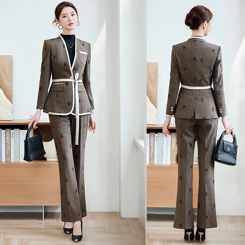 الخريف الشتاء السترة أنيقة رسمية الراقية المطبوعة دعوى المرأة رمادي قطعتين عمال النساء السراويل مجموعة
