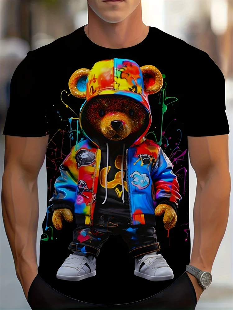 

New Cartoon Bear Pattern Men's T-Shirt Fashionable and Cute Animal Print Short Sleeve Summer Fashion Crew Neck Y2K Style T-Shirt