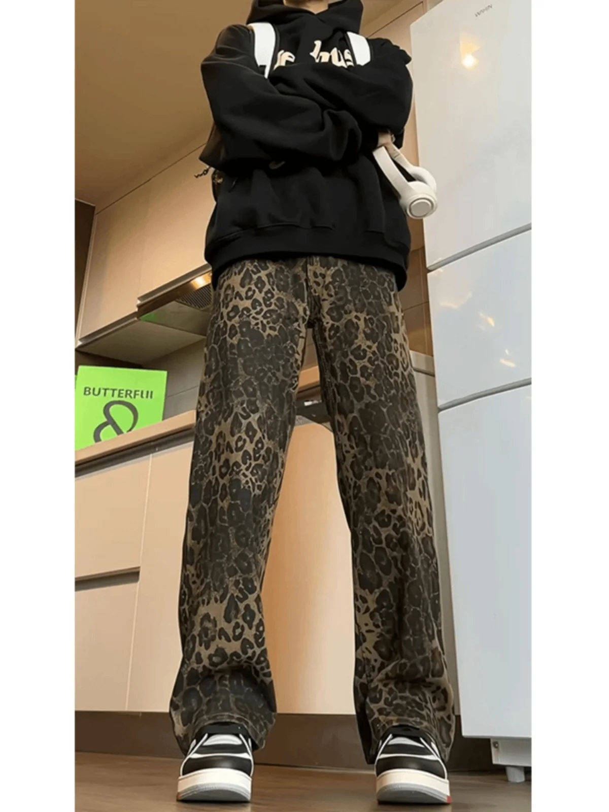 Retro American Leopard Print Men's Jeans High Street Spring Autumn Straight Leg Bell Bottoms Clean Fit  Jeans