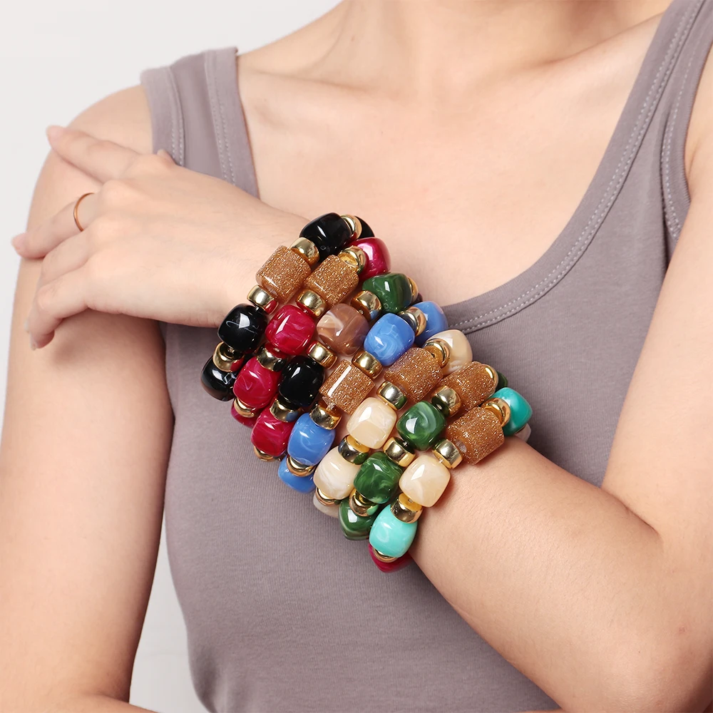

Fashion Acrylic Big Square Beads Bracelet for Women New Trendy Colorful Imitation Stone Strechy Bracelets Statement Jewelry Gift