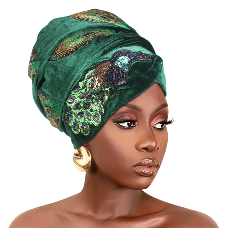 Velvet Sequins Peacock Turban Hat Headscarf For Women Ladies Muslim African Wrap Long Tail Head Scarves Turbante Hijab