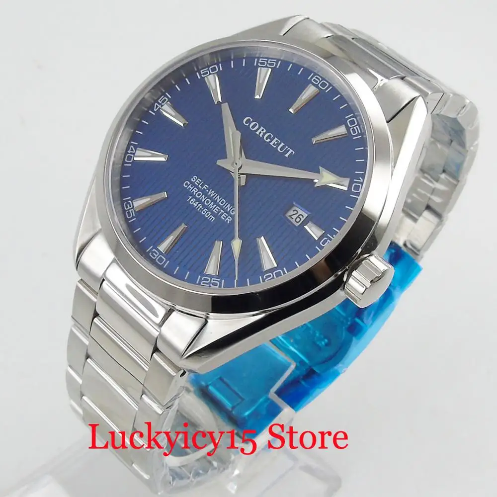 CORGEUT 41MM Wristwatch Round Case NH35A Automatic Men Watch Date Adjustment Blue Dial Sapphire Glass Mental Strap