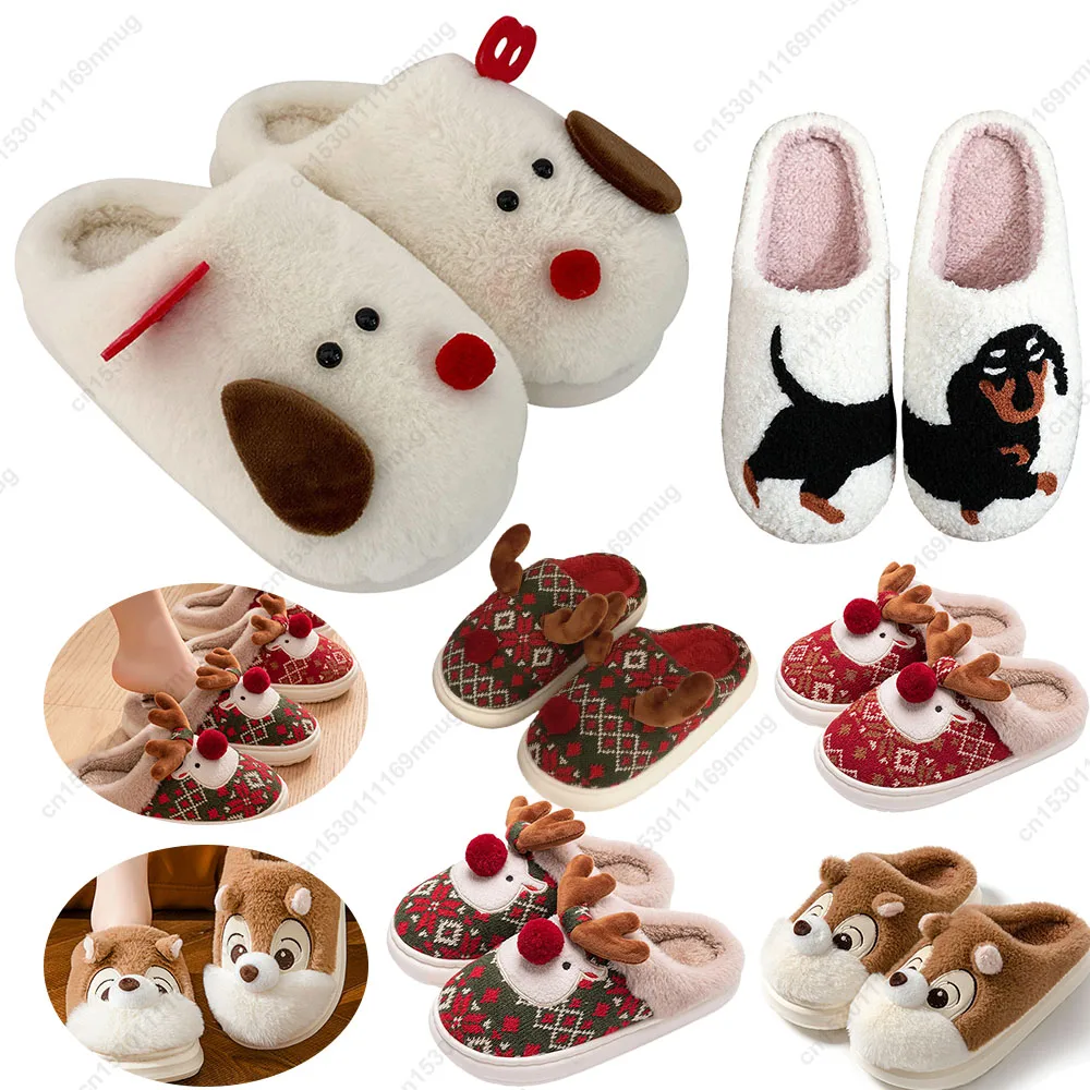 Christmas Elk Plush Slippers Warm Slip-on House Shoes Comfortable Furry Reindeer Slipper Cute Animal Slippers for Autumn Winter