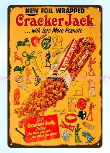 unframed art 1950s American snack New foil wrapped cracker jack metal tin sign