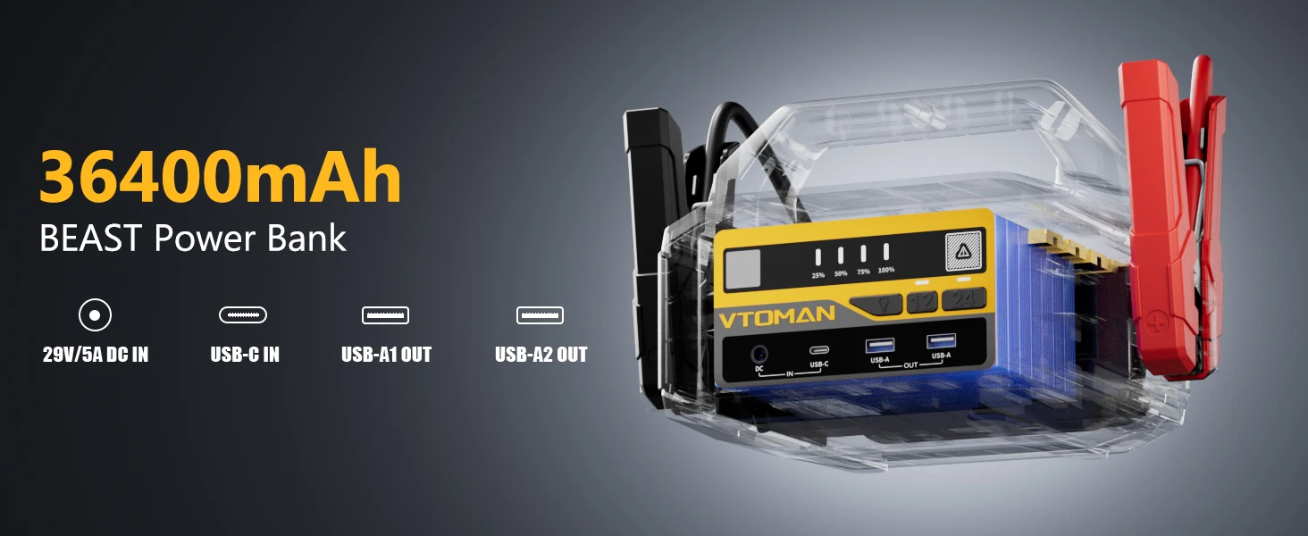 VTOMAN V-Truck 6000A Auto-Starthilfegerät 36400mAh Tragbares Starthilfegerät Power Pack für Alle Benzin- und Diesel-Fahrzeuge, 12V/24V Starthilfegerät – Detail 7