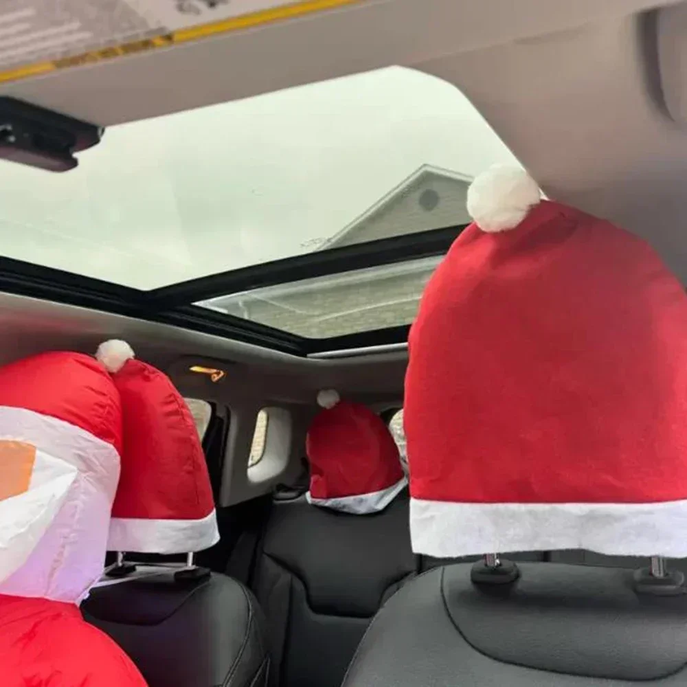 2/4PCS Santa Hat Auto Headrest Cover Universal Fit Christmas Car Interior Supplies Red Festival Holiday Vehicle Gift Accessories