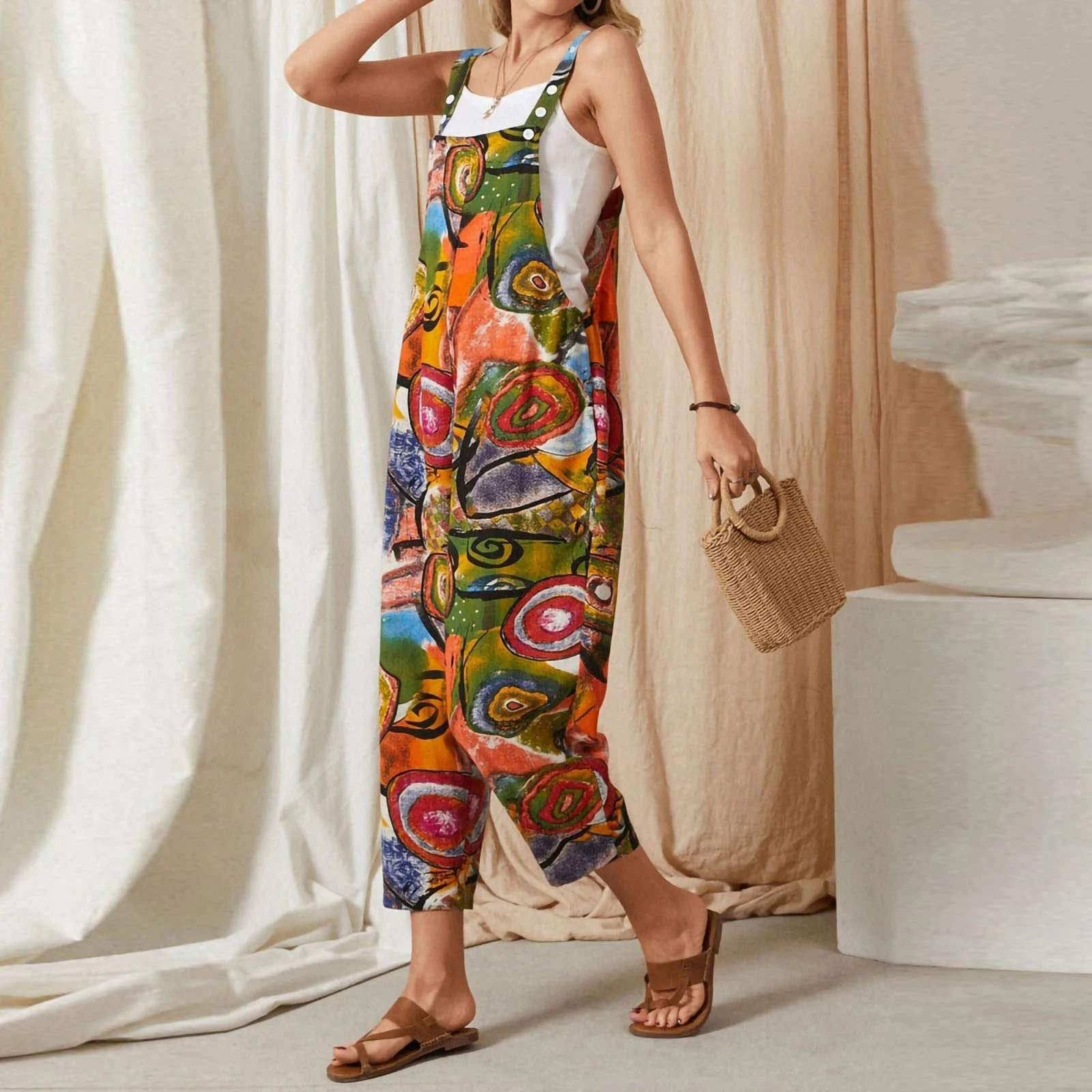 Women Boho Overall Pants Retro Floral Print Sleeveless Jumpsuit Suspender Trousers with Pockets Female Loose Jumpsuits Plus Size