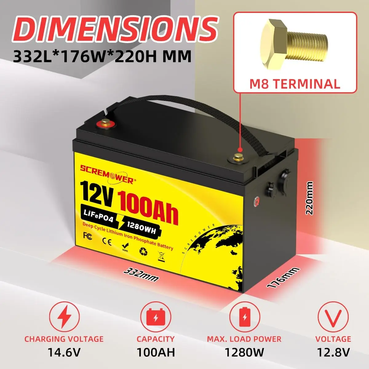 New 12V 100Ah LiFePO4 Battery 1280Wh 12V Lithium Battery Built-in 100A BMS 6000+ Cycles for RV, Solar, Home Energy Storage