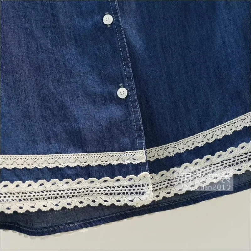 Nuova camicia estiva a maniche corte in denim da donna colletto rovesciato patchwork in pizzo camicetta casual retrò da donna