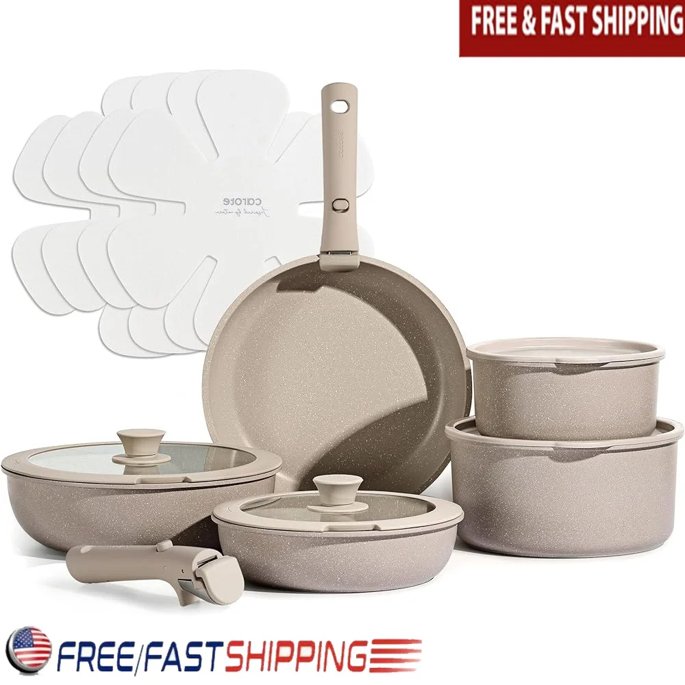 

15pcs Nonstick Cookware Set Detachable Handle Pots Pans Induction Kitchen Cookware Easy Cleaning Granite Cookware Space Saving