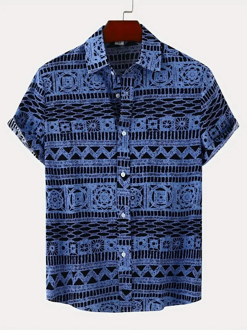 Ethnic style vertical stripe pattern print men\'s short-sleeved button-down collar shirt summer vacation casual beach Hawaiian st