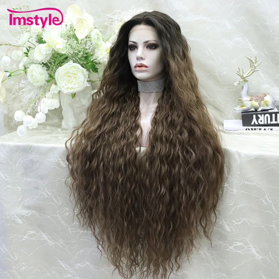 Imstyle-Peluca de encaje sintético para mujer, cabellera larga de onda profunda, color marrón degradado, parte media, resistente al calor, para