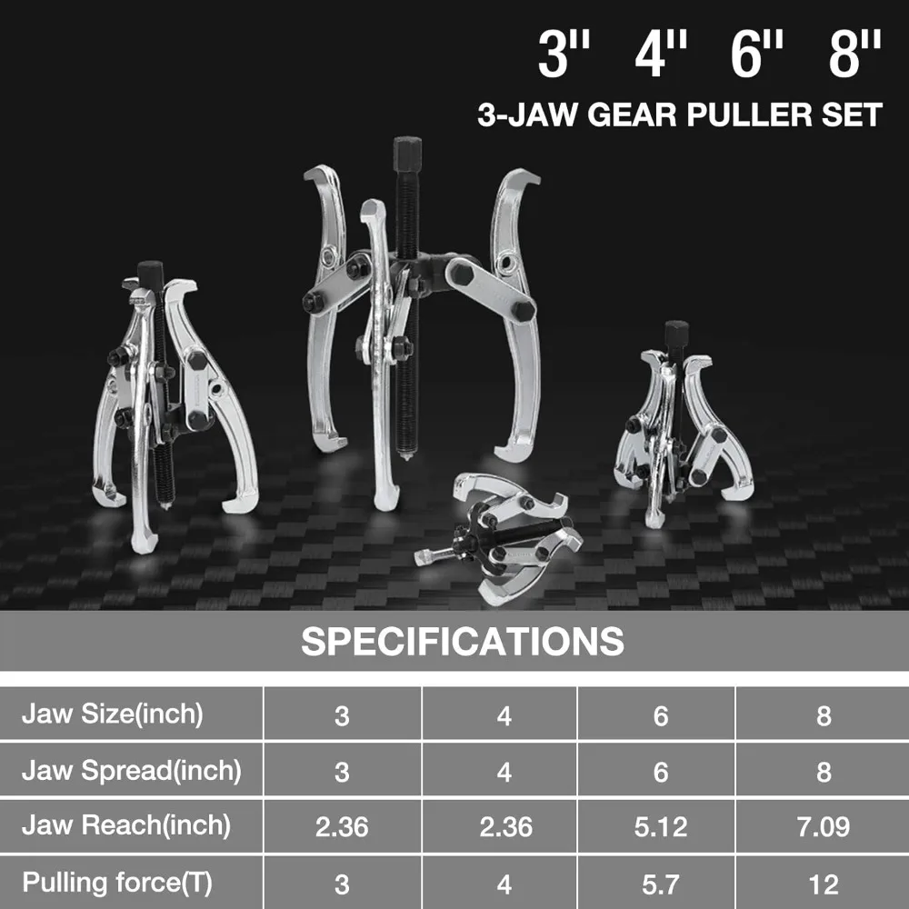 

4-Pieces Gear Puller 3" 4" 6" 8“ 3 Jaw Puller Kit for Pulley Gear Bearing Flywheel Removal, Pulley Puller with Reversible Jaws