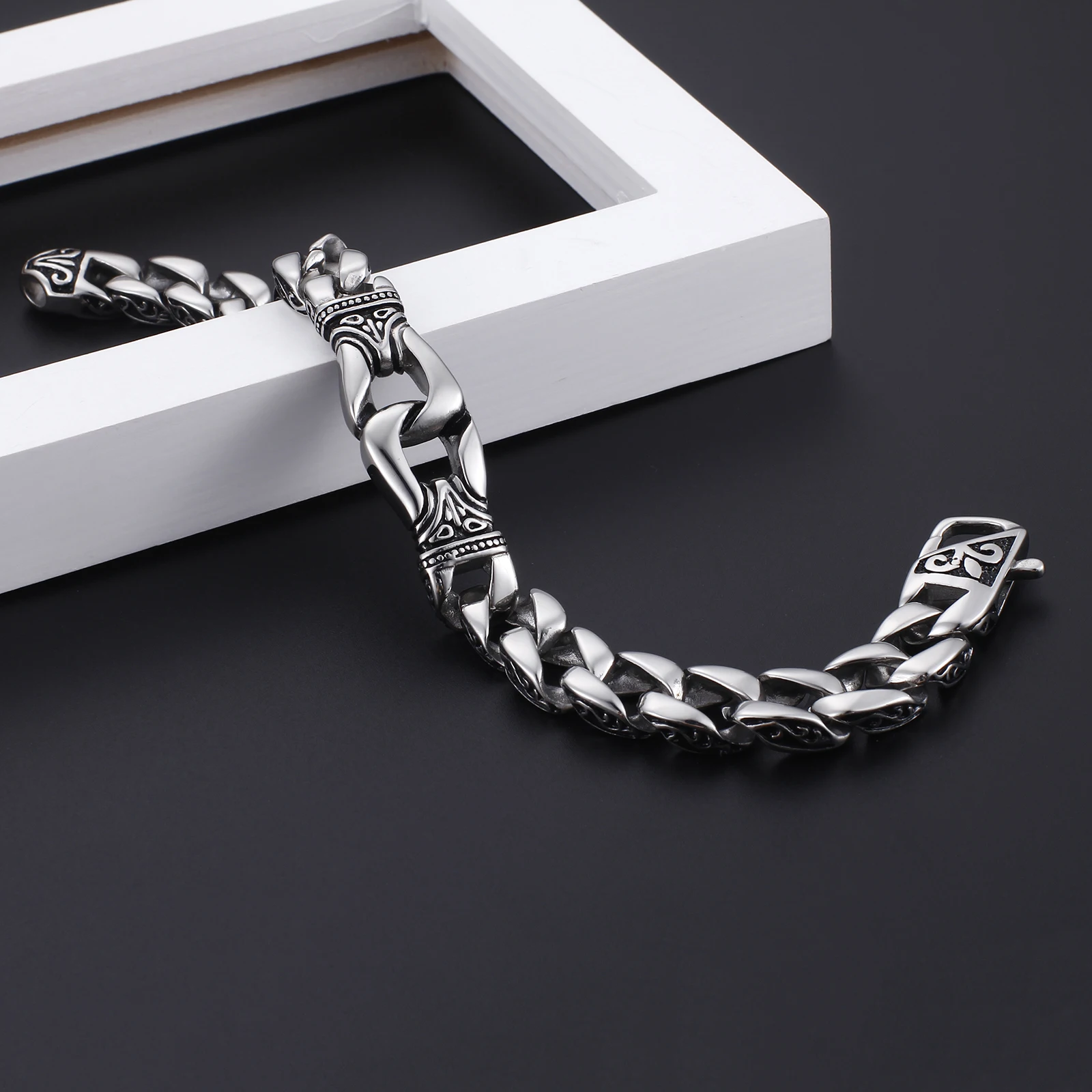 Fongten Patterned Stainless Steel Bracelet For Men Shiny Cuban Chain Waterproof Non Fading Charms Male Jewelry Couple Gifts