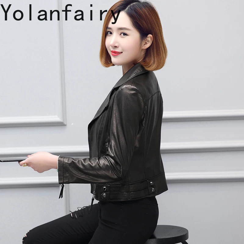 YOLANFAIRY 정품 가죽 자켓 여성 봄 가을 짧은 진짜 양피 가죽 코트 여성 슬림핏 오토바이 아우터웨어