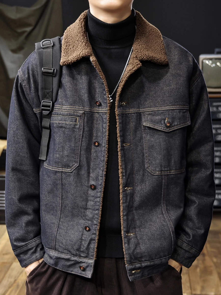 

Thiened American Sle Original Dyeing Denim Lamb Velvet Men's Denim Jaet Autumn Winter New Sle Warm Cotton Jaet