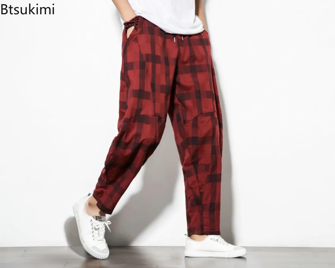 2025 Autumn New Men's Cotton Plaid Pants Casual Retro Fashion Trousers Plus Size Loose Wide Leg Trousers Man Joggers Streetwear