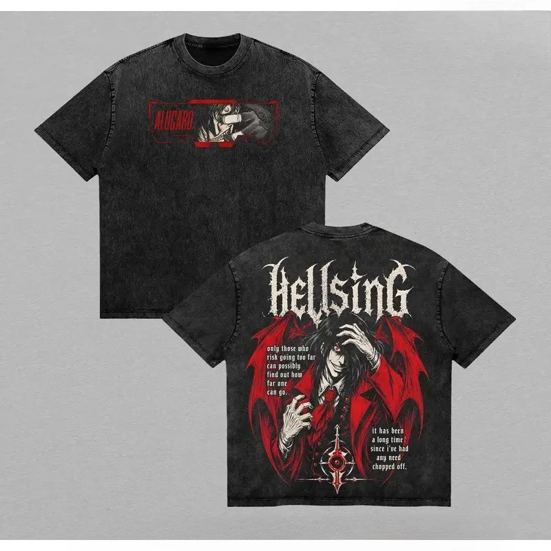 Japanese Anime Hellsing Alucard Retro T Shirt Men Clothing Street Fashion Vintage Washed T-shirt Oversized Cotton Tees Clothes
