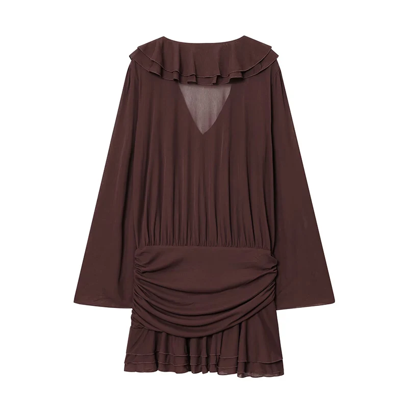 Chique Mode Ruches Herfst Jurk Geplooide Korte Jurken Voor Vrouwen 2025, Donkere V-hals Mini Jurk Vrouw Lange Mouw Casual Jurken