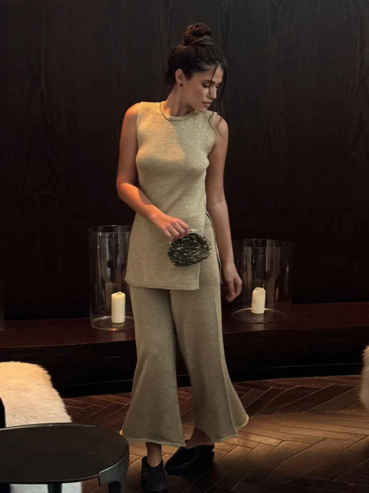 

Casual Knitted Solid Women Tank Set Loose O-neck Sleeveless Split Top Wide Leg High Waist Female Trouser Spring Lady Suit