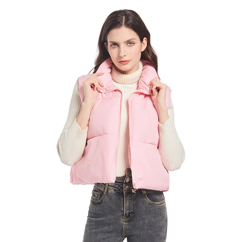 

Stand Up Collar Sleeveless Parkas Women Puff Zipper Up Cotton Jacket Woman Autumn Winter High Quality Short Vest Coats Lady