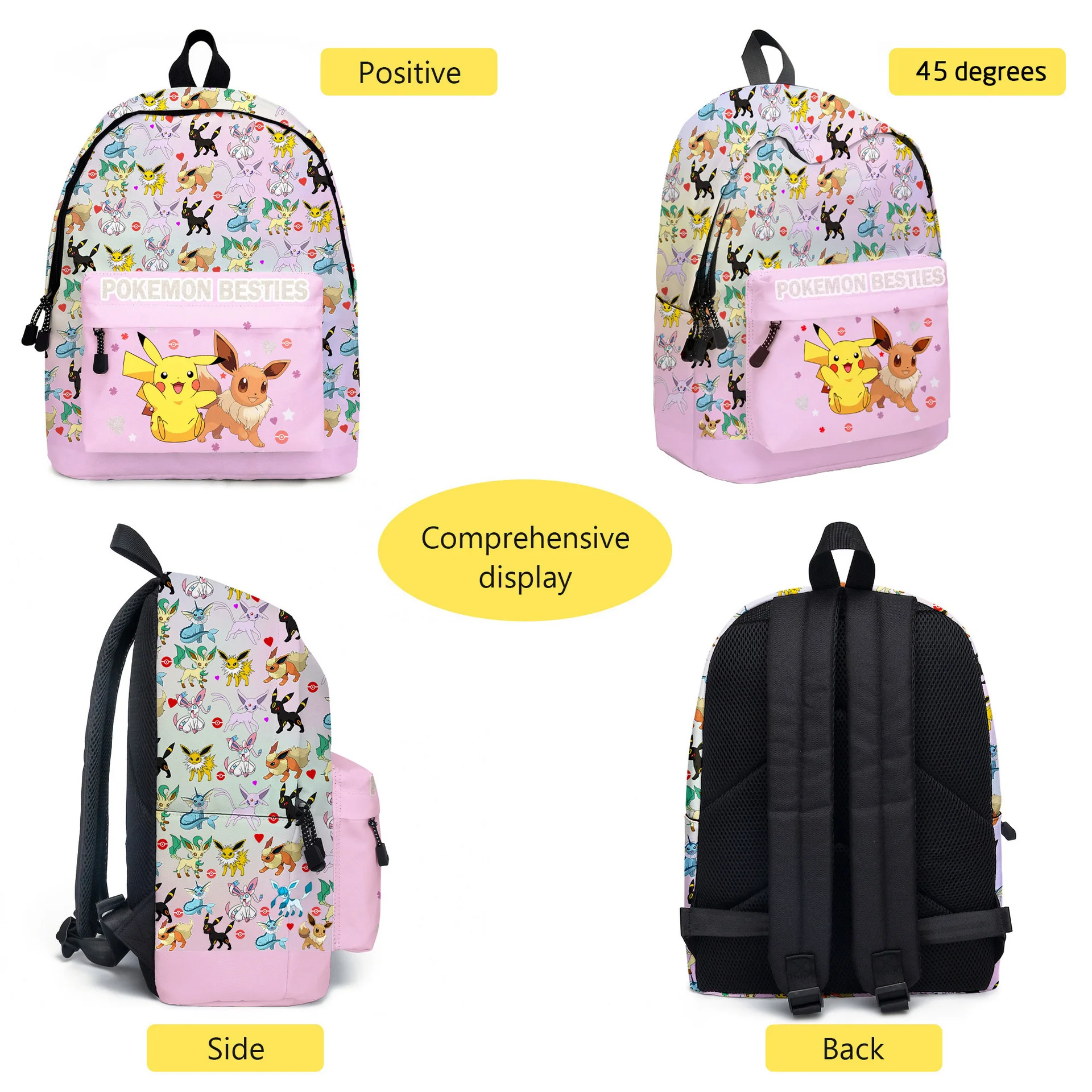 Upgrade Pikachu School Bag Three-piece Pokemon Cartoon Anime Student Pencil Bag Lunch Bag Birthday Gift for Girls Kids Boys